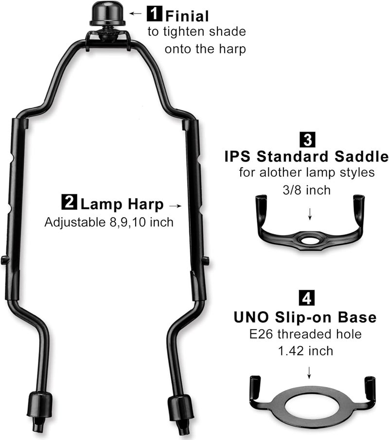 Qc 8 9 10 inch Adjustable Lamp Shade Harp Holder Kit for Table and Floor Lamps, Heavy Duty Lamp Shade Bracket with 3/8 Standard Saddle, E26 Light Base UNO Fitter Adapter and Lamp Finial, Black - Image 3
